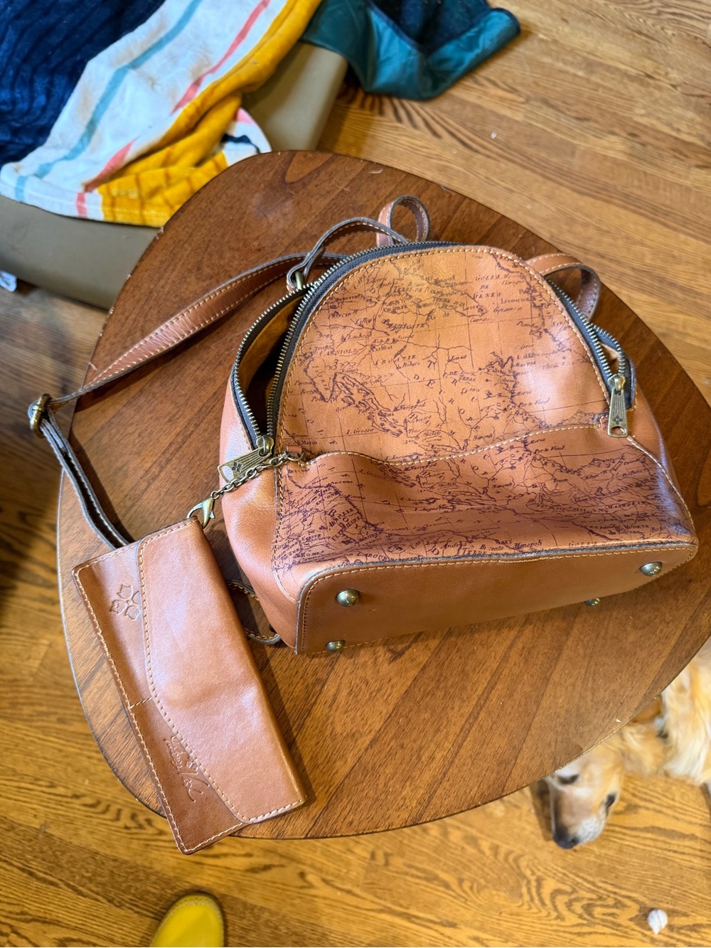 Like New Patricia Nash Tan Brown Mini Leather Backpack with Map Print
